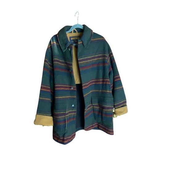 Woolrich Mens L Striped Wool Blend Jacket Green Multi Color Snap Front Coat USA - Picture 2 of 9